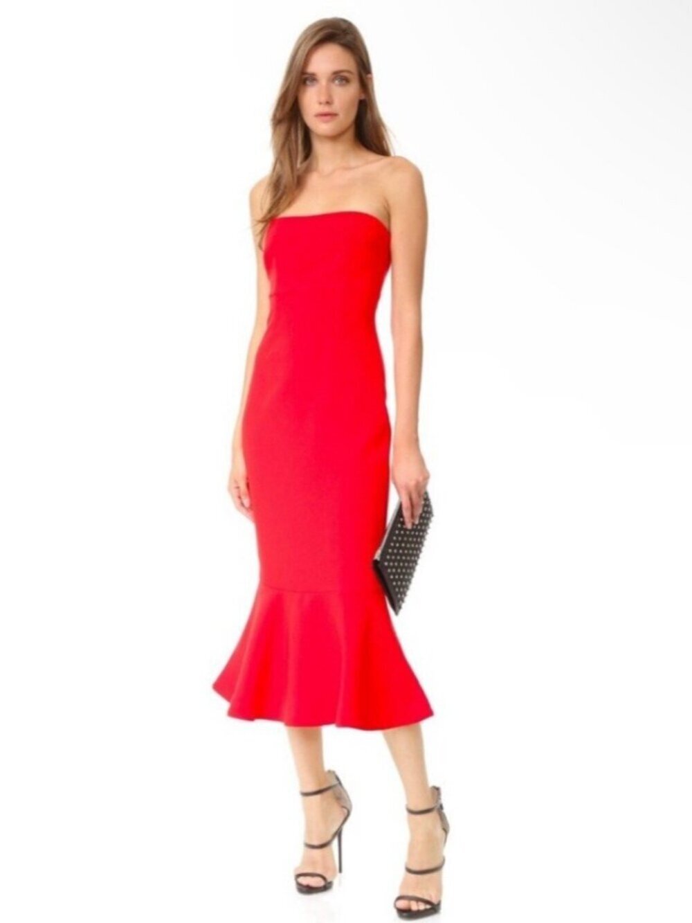 Cinq a Sept Red Luna Strapless Flounce-Hem Midi Dress Women Sz 0